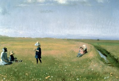 Kinder und junge Mädchen pflücken Blumen auf einer Wiese nördlich von Skagen von Michael Peter Ancher